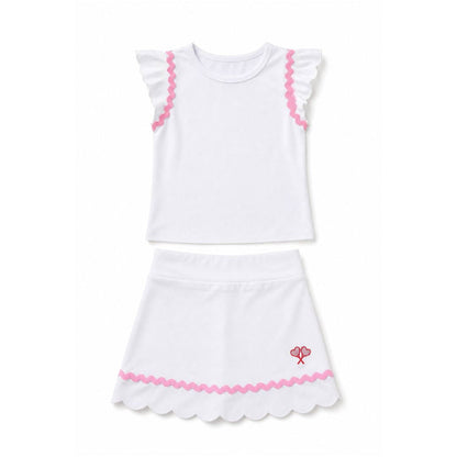 White top and skirt with pink trim on a white background