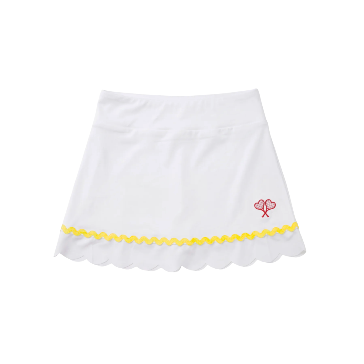 White skirt with yellow trim and a red logo on a white background