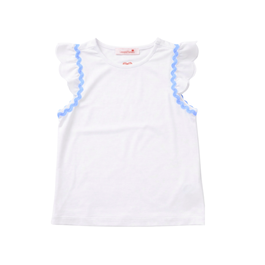 White top with blue trim on a white background