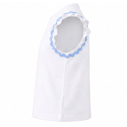 White sleeveless top with blue trim on a white background