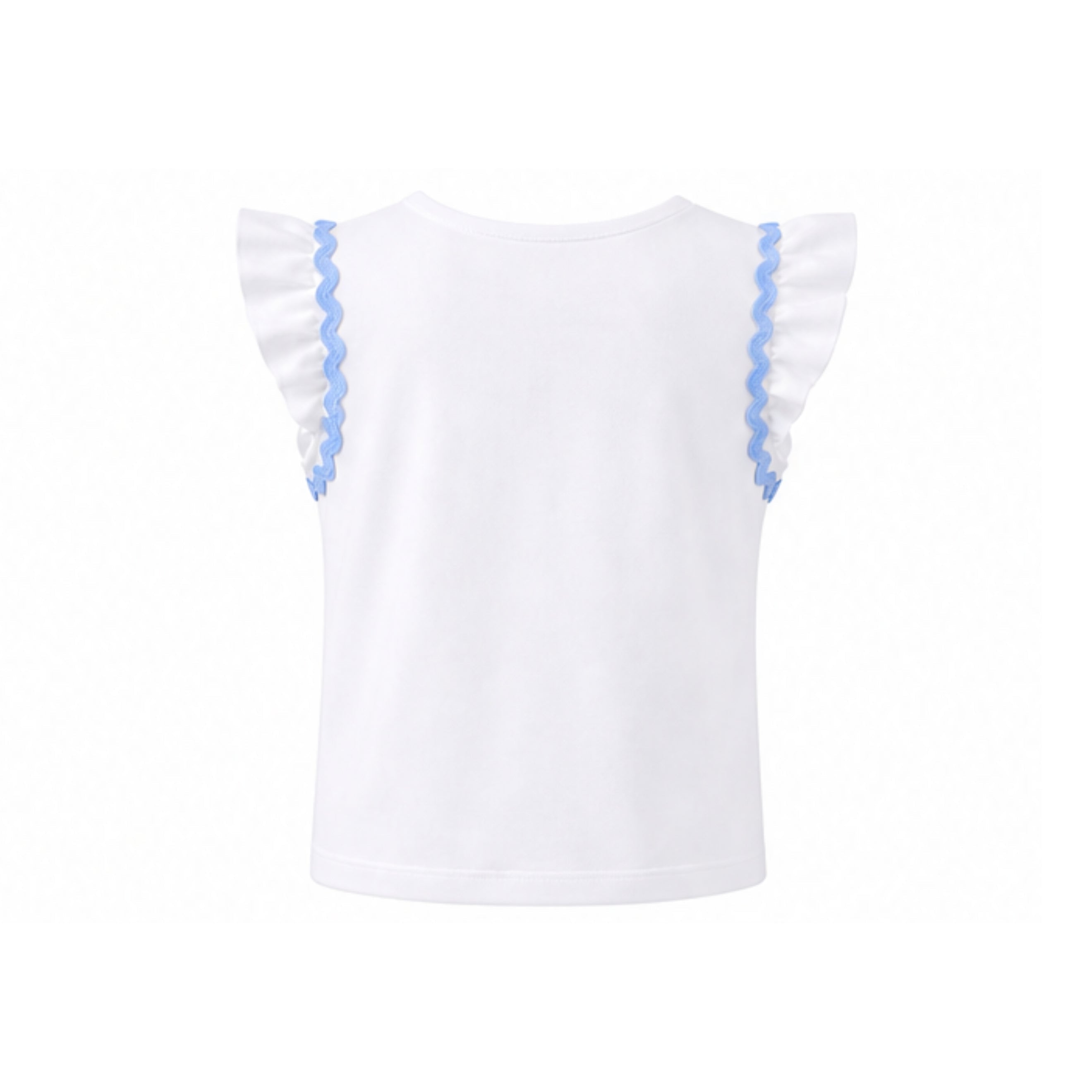 White top with blue trim on a white background