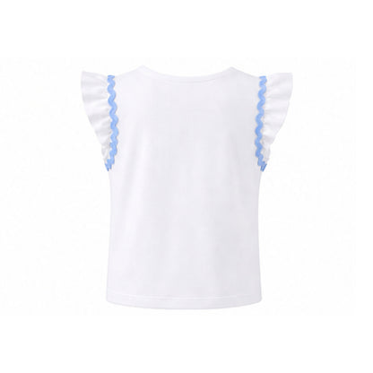 White top with blue trim on a white background