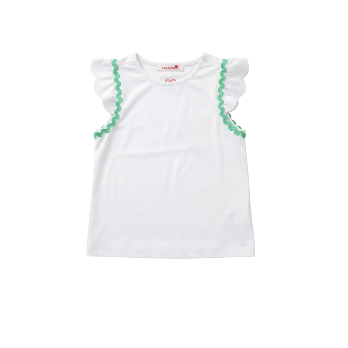 White top with green trim on a white background