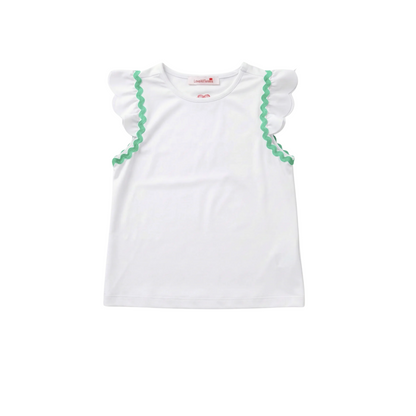 White top with green trim on a white background