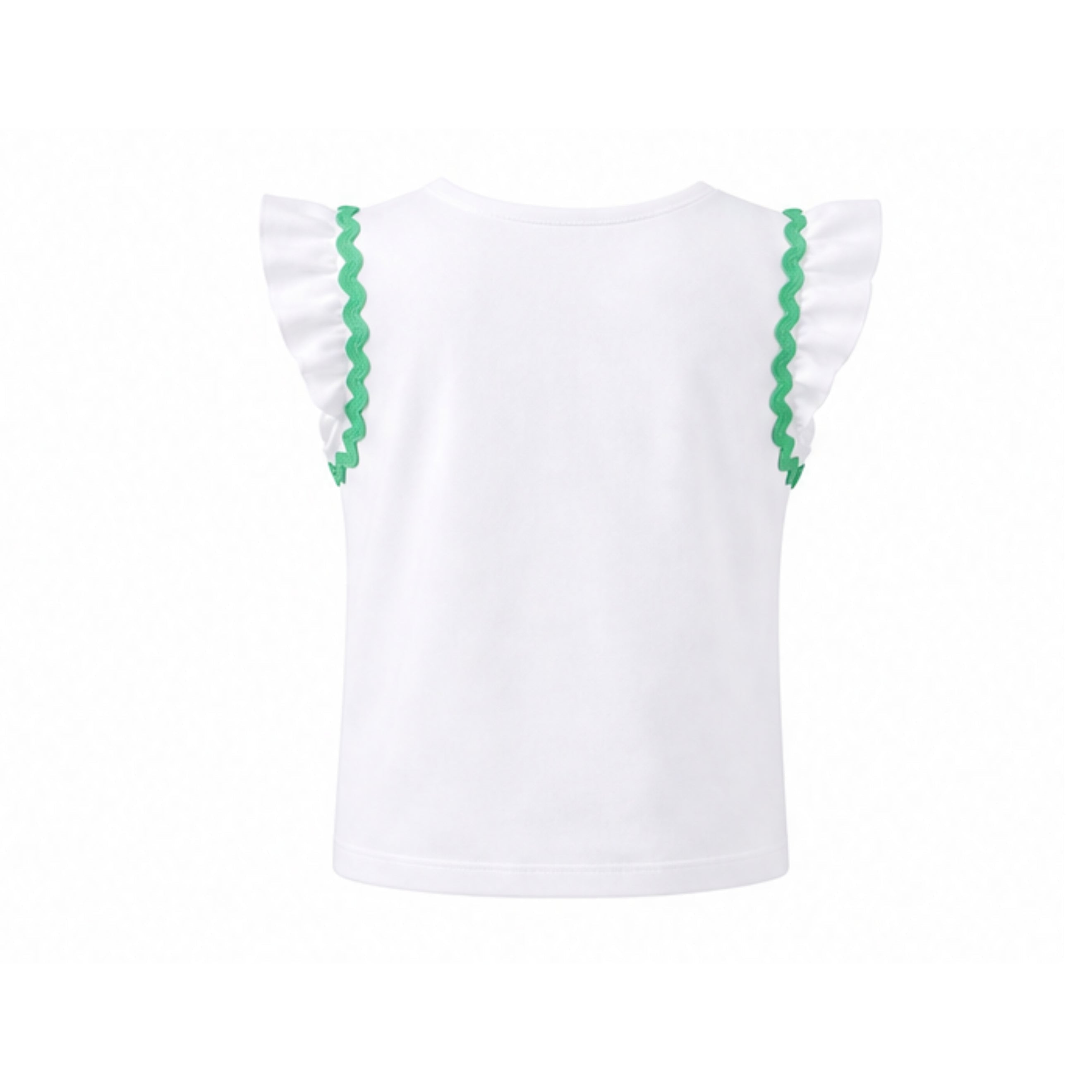White top with green trim on a white background