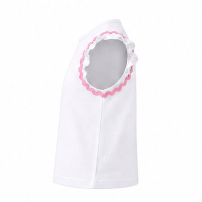 White baby bib with pink trim on a white background