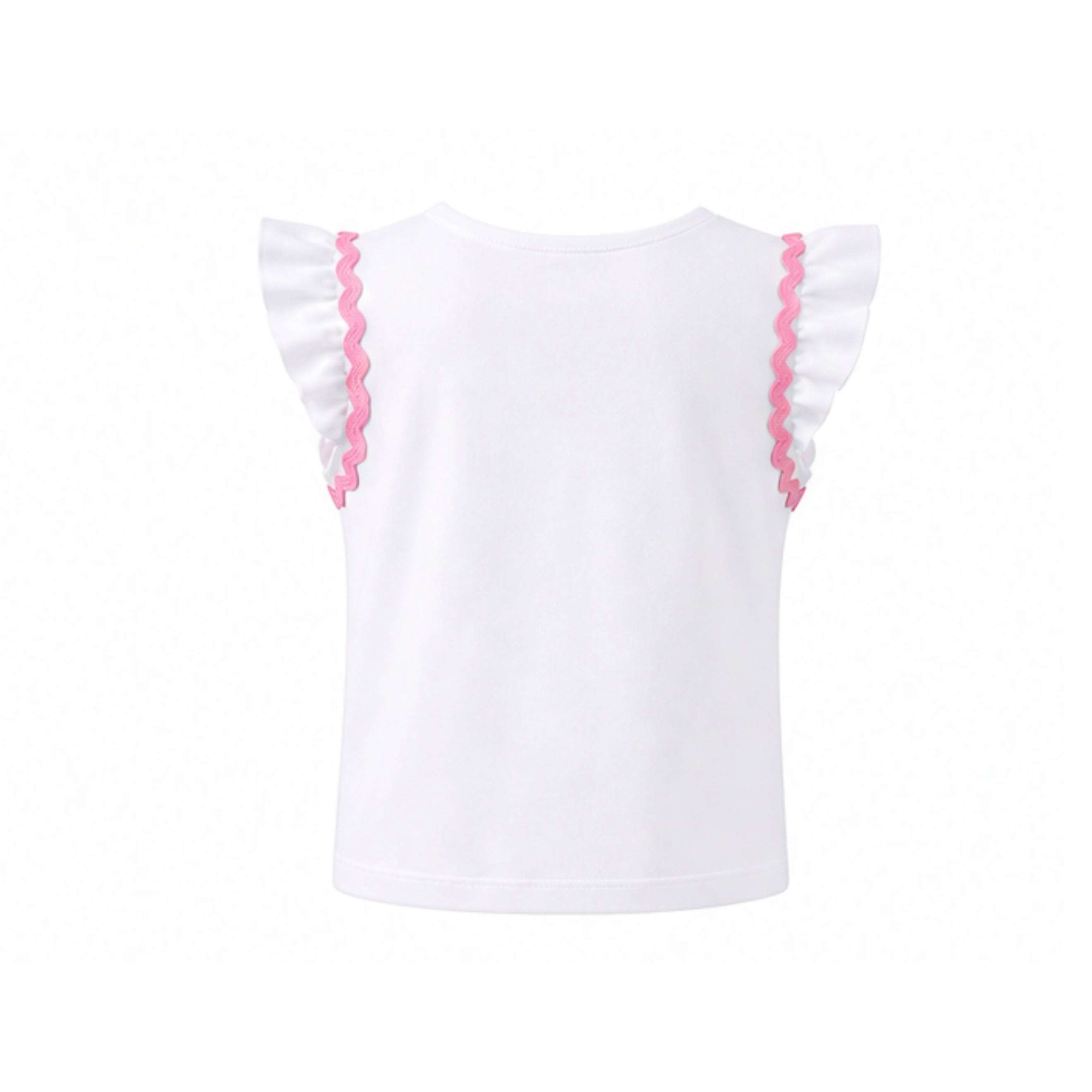 White top with pink trim on a white background
