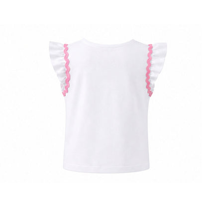 White top with pink trim on a white background