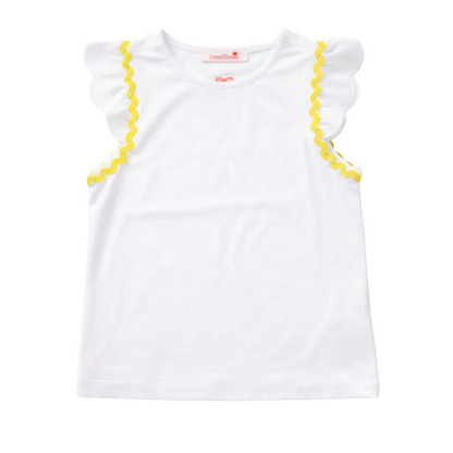 White sleeveless top with yellow trim on a white background