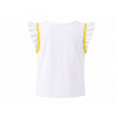 White top with yellow trim on a white background