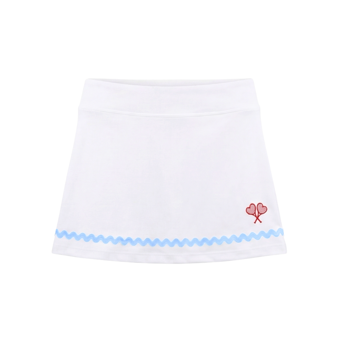 White skirt with blue trim and red floral design on a white background