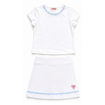 White tennis outfit with blue trim on a white background