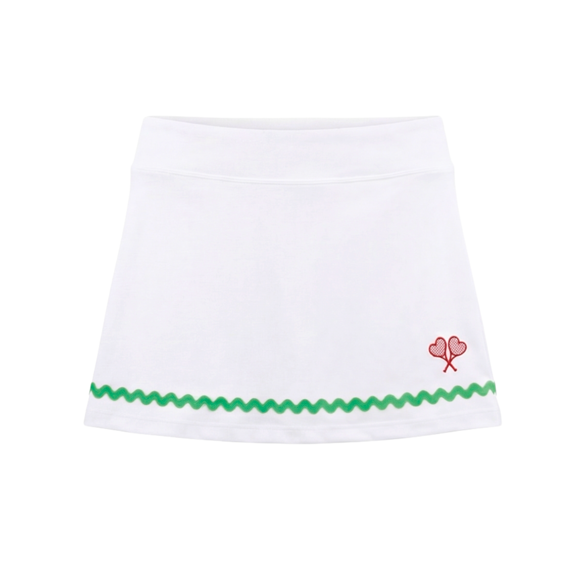 White skirt with green trim and red heart design on a white background