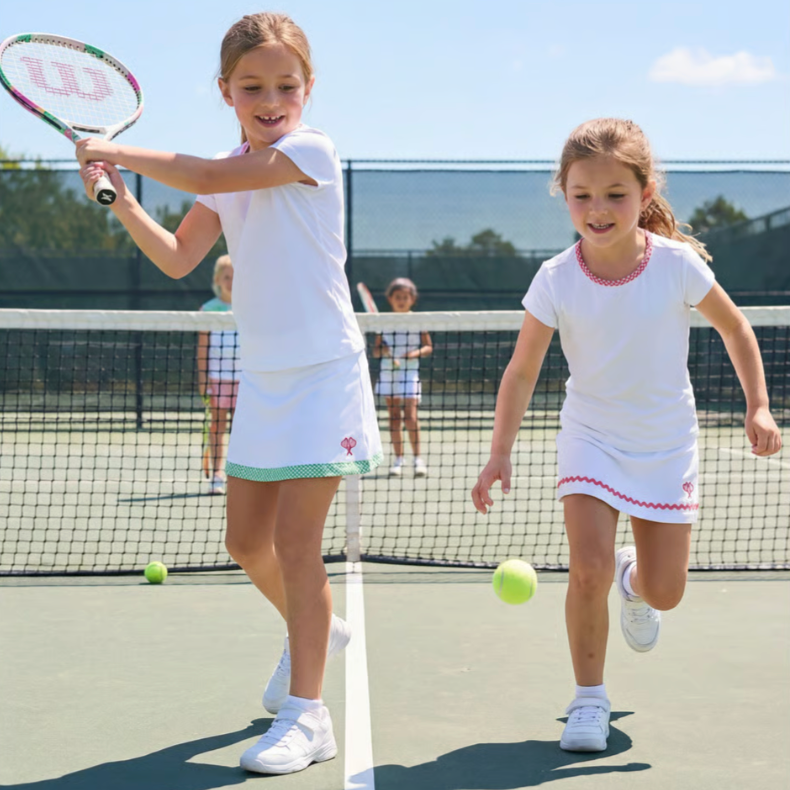 Two young girls playing tennis on a court with tennis rackets and balls.