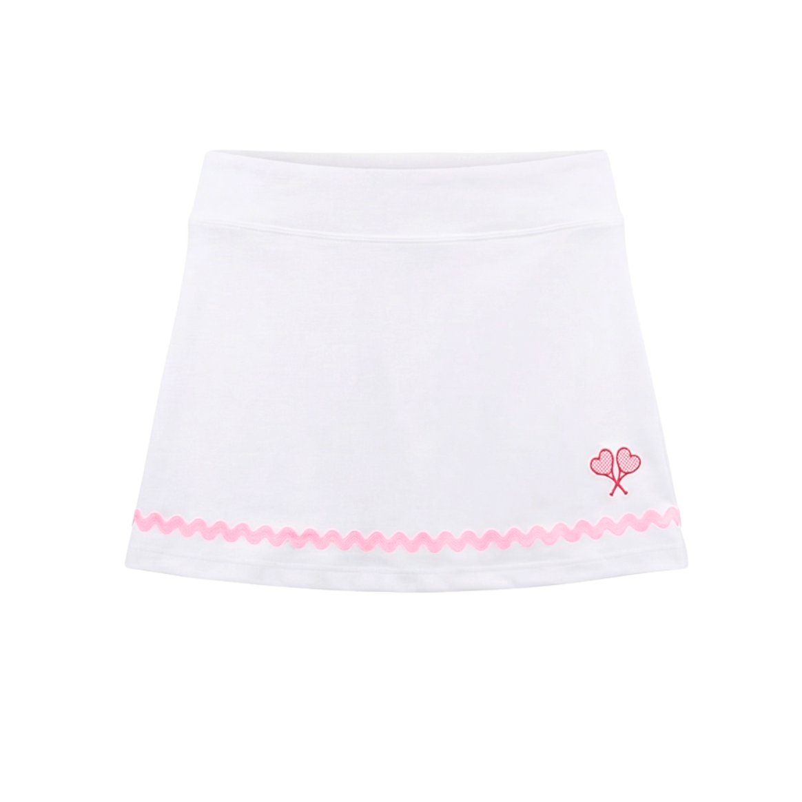 White skirt with pink trim and floral design on a white background