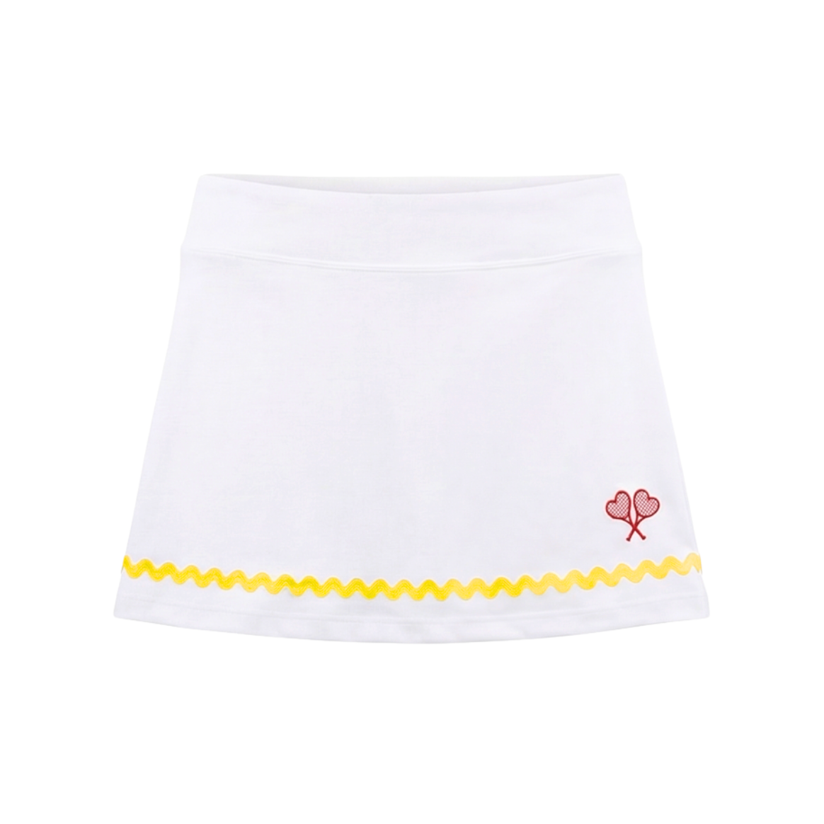 White skirt with yellow trim and red heart design on a white background
