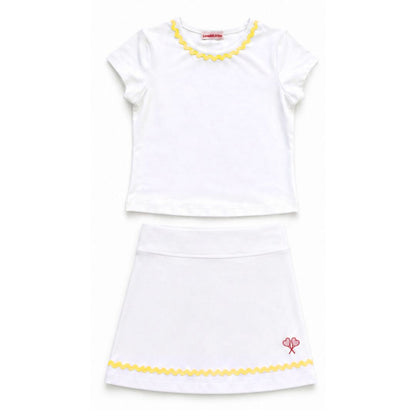 White dress with yellow trim on a white background