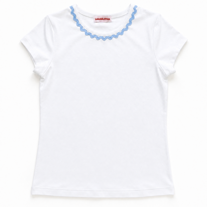 White t-shirt with blue trim on a white background