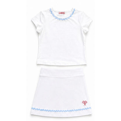 White tennis outfit with blue trim on a white background