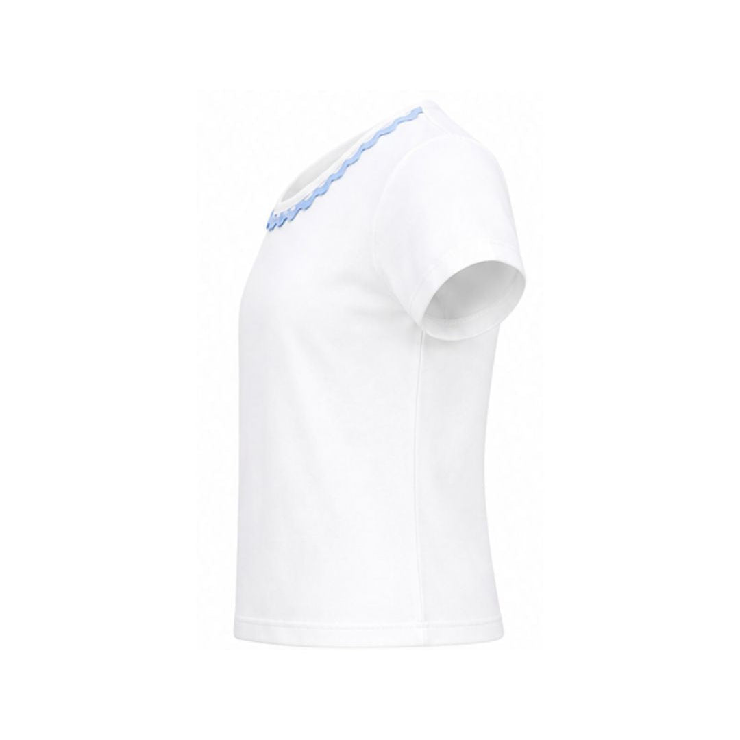 White athletic shirt with blue accents on a white background