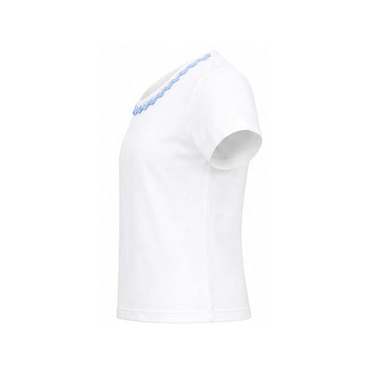 White athletic shirt with blue accents on a white background