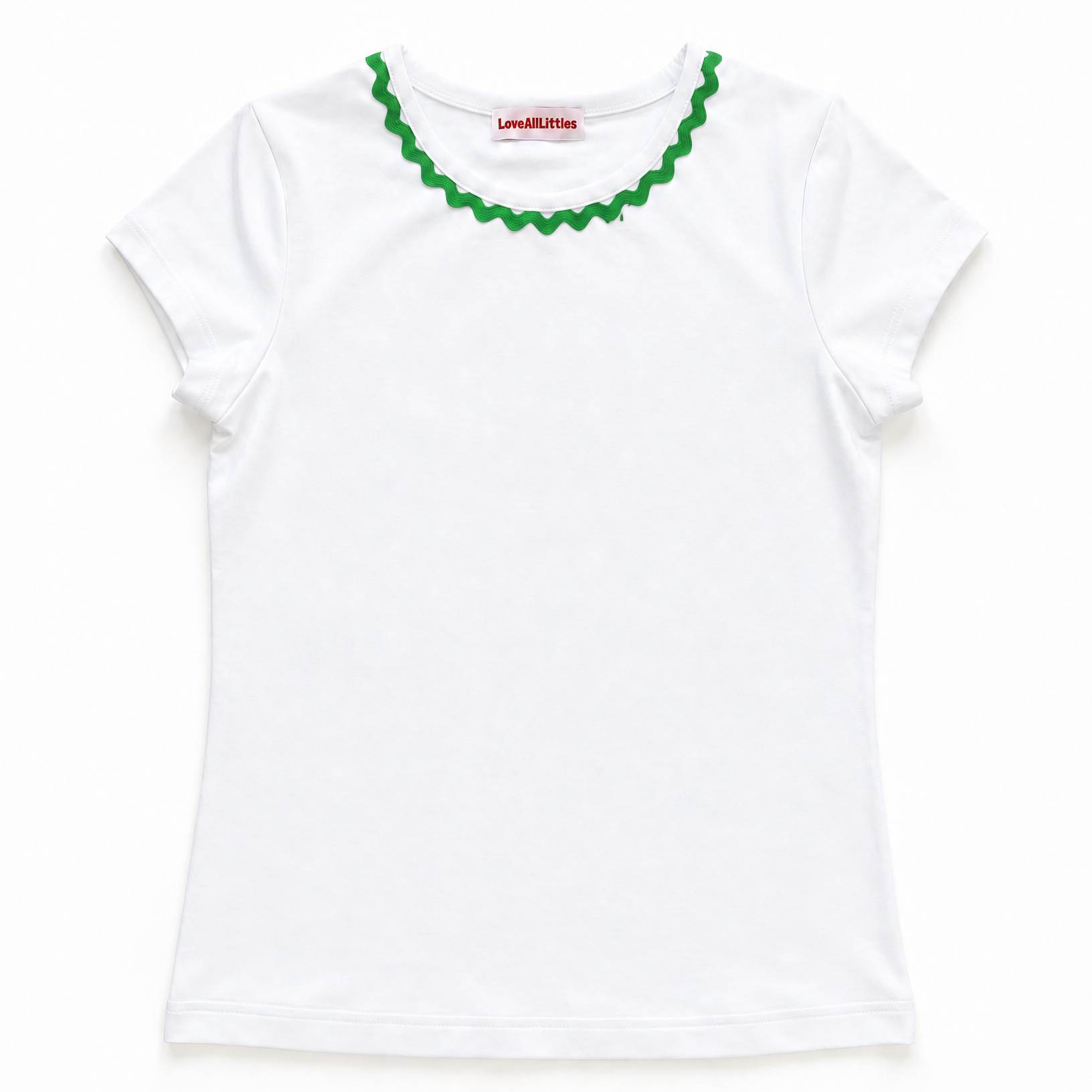 White t-shirt with green ruffled collar on a white background