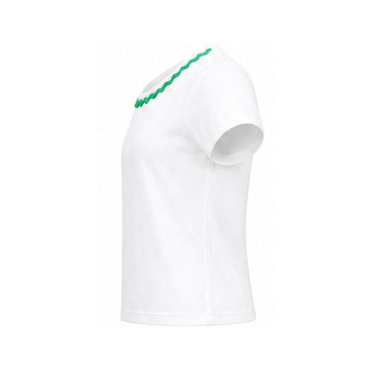 White t-shirt with green accents on a white background