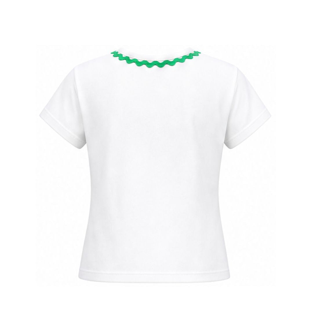 White t-shirt with green decorative neckline on a white background