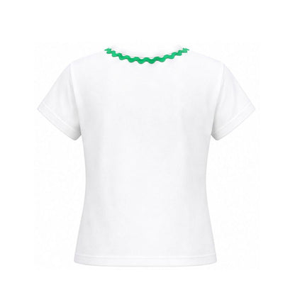 White t-shirt with green decorative neckline on a white background