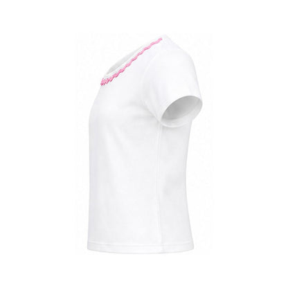 White one-shoulder top with pink detail on a white background