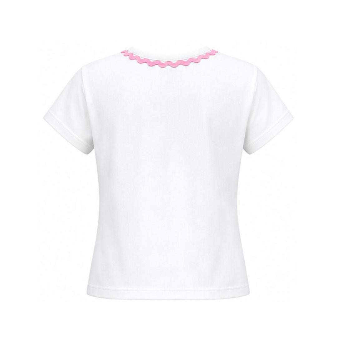 White t-shirt with pink trim on a white background