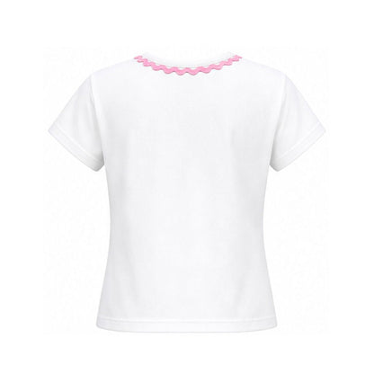White t-shirt with pink trim on a white background