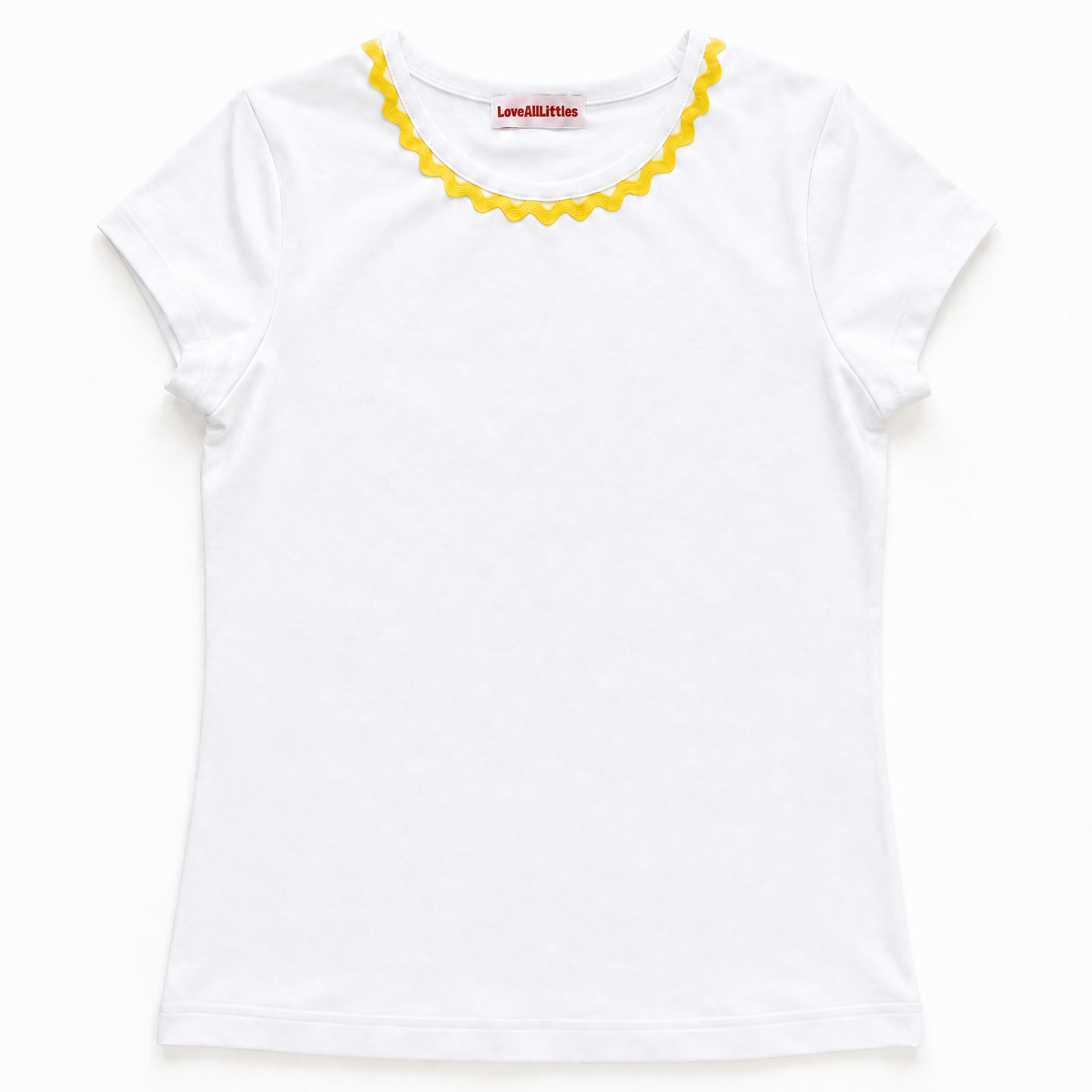 White t-shirt with yellow trim on a white background