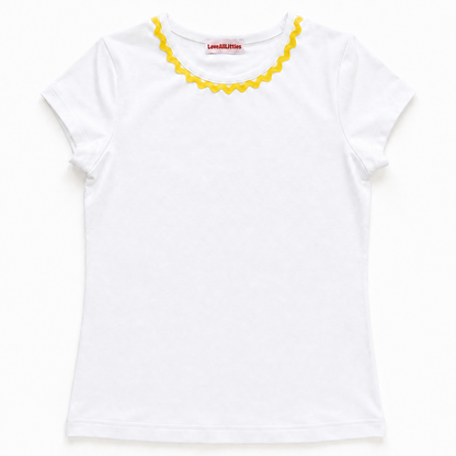 White t-shirt with yellow trim on a white background
