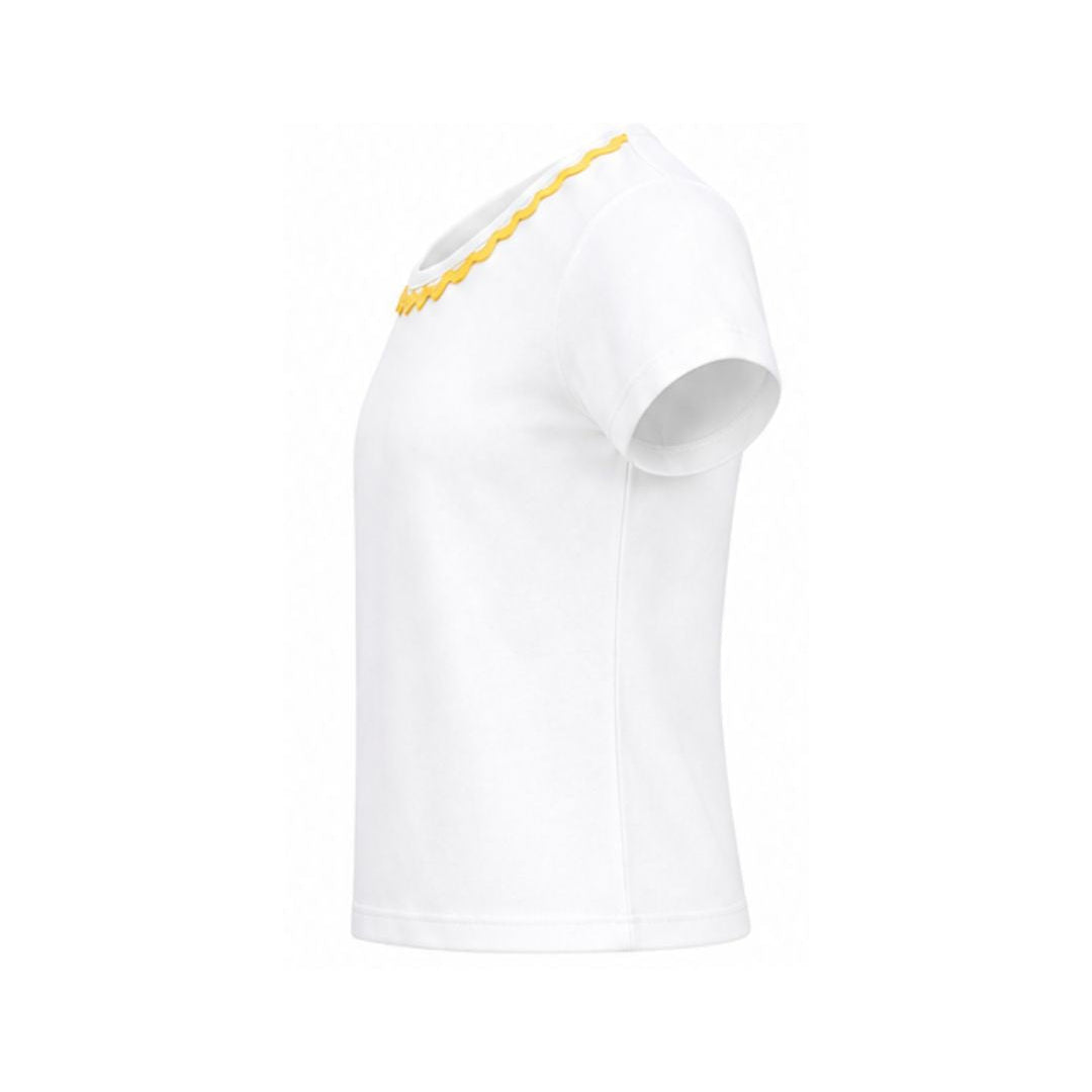 White t-shirt with a yellow logo on a white background