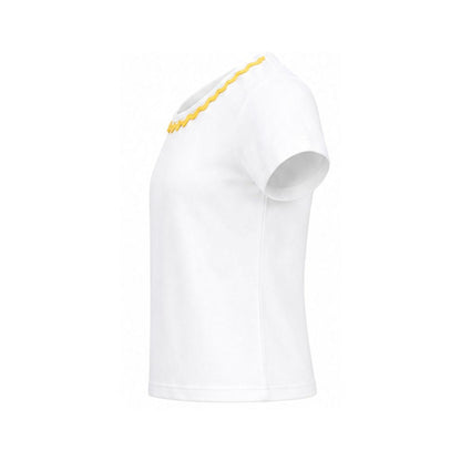 White t-shirt with a yellow logo on a white background