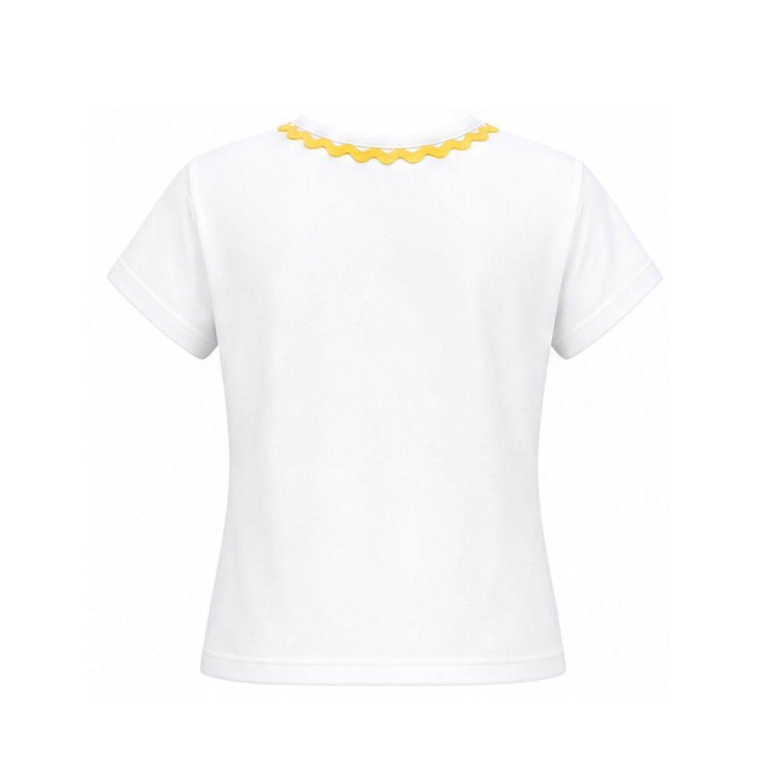 White t-shirt with yellow trim on a white background