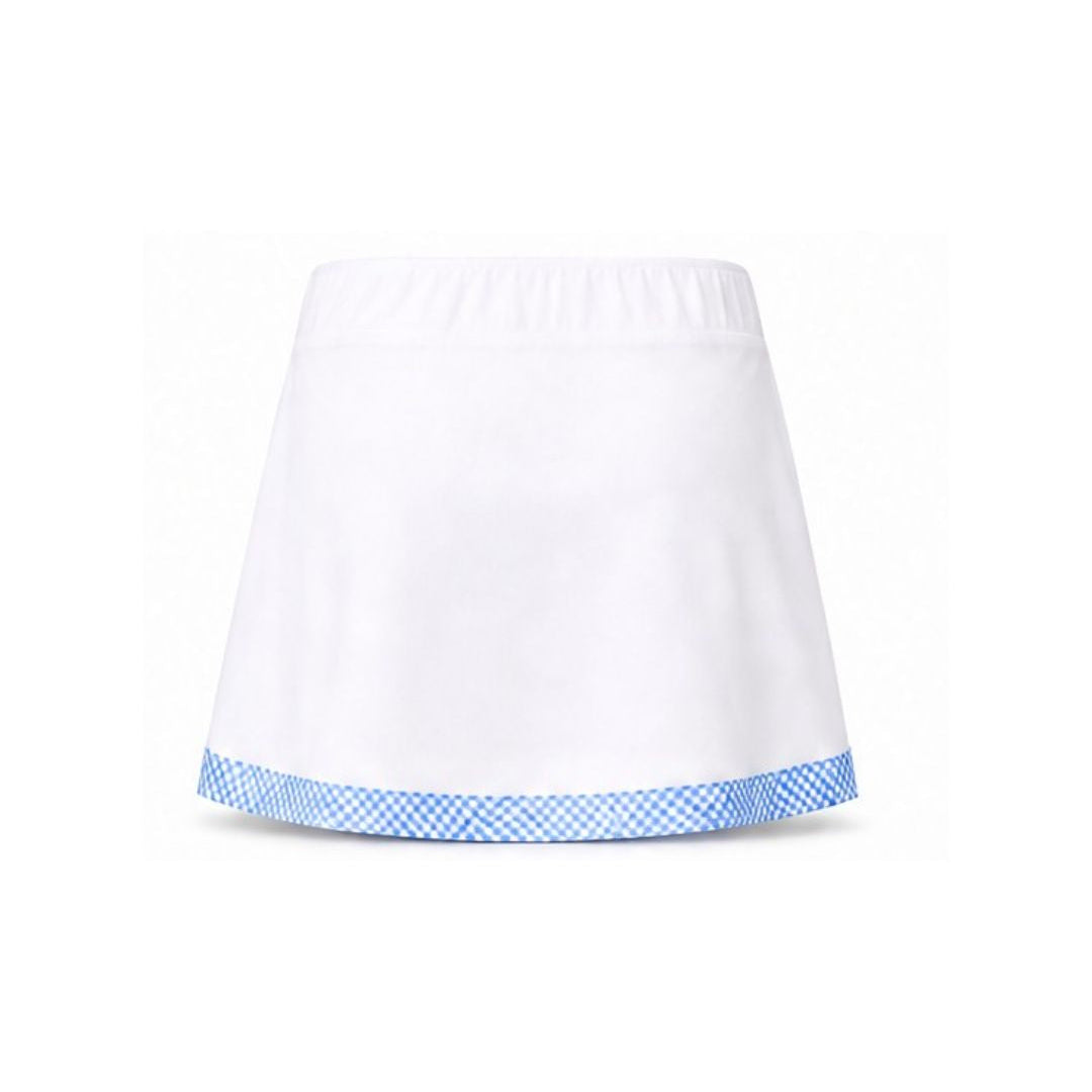 White skirt with blue checkered trim on a white background