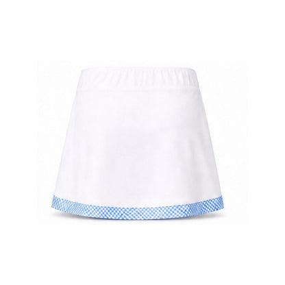 White skirt with blue checkered trim on a white background