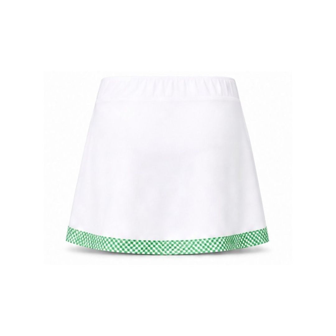 A white skirt with a green and white checkered patterned hem, shown against a plain white background.