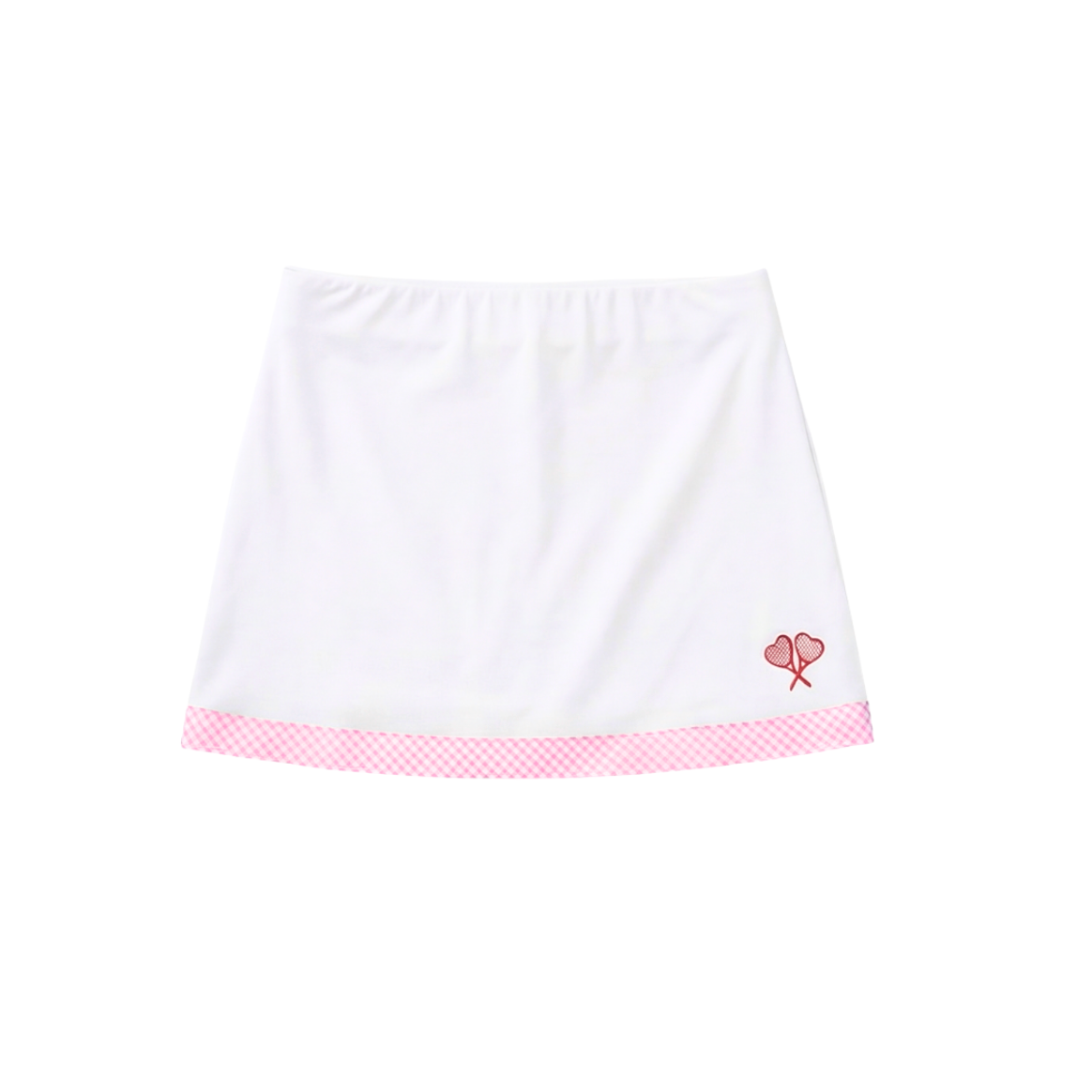 White skirt with pink trim and heart design on a white background