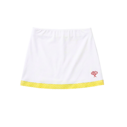 White skirt with yellow trim on a white background