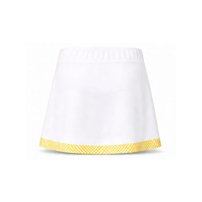 White skirt with yellow trim on a white background