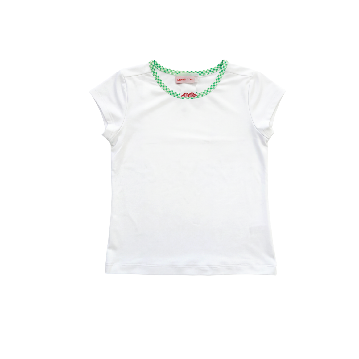 White t-shirt with a green necklace on a white background
