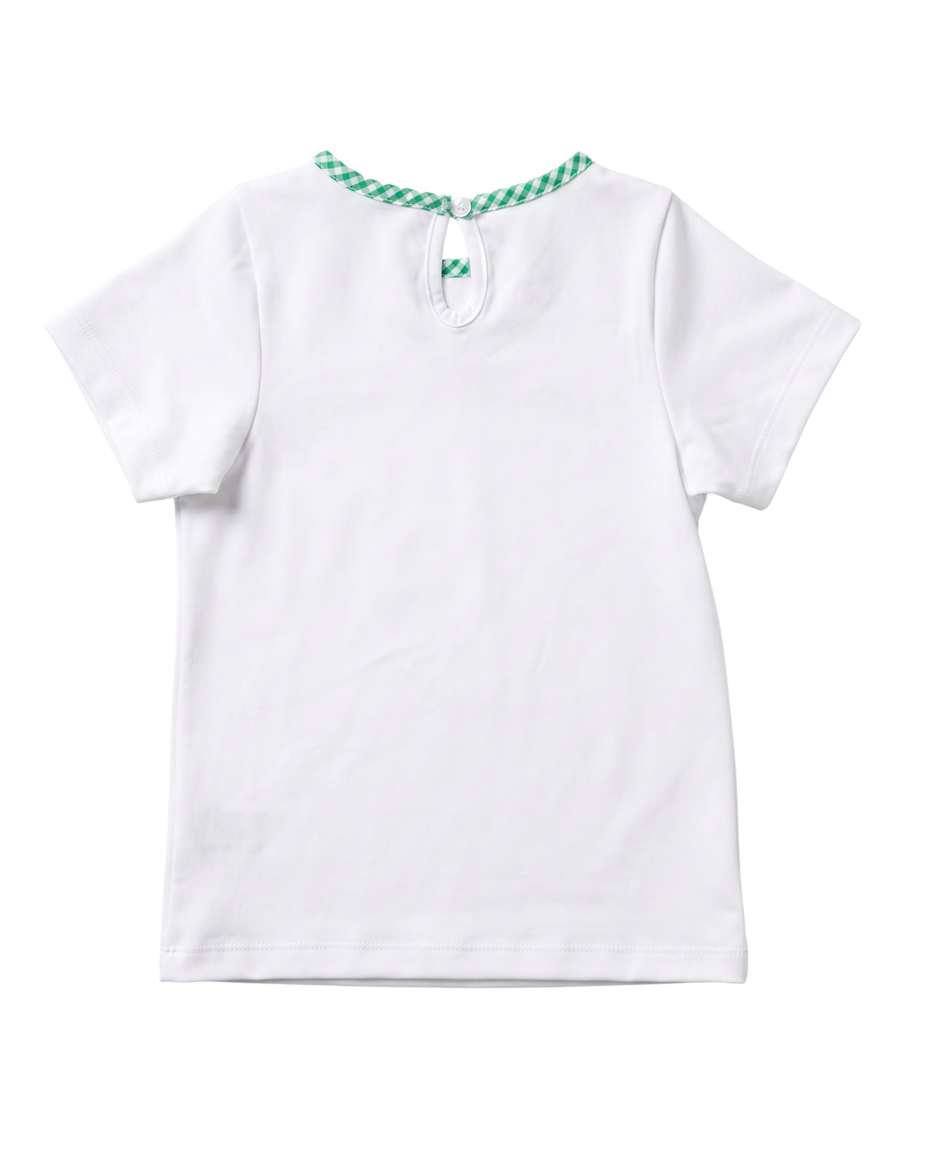 A white short-sleeve baby t-shirt shown from the back, featuring a green and white checkered rope-style collar with a small keyhole closure and a decorative bow.