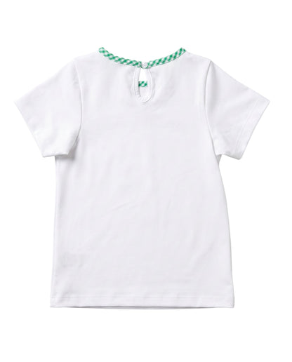 A white short-sleeve baby t-shirt shown from the back, featuring a green and white checkered rope-style collar with a small keyhole closure and a decorative bow.
