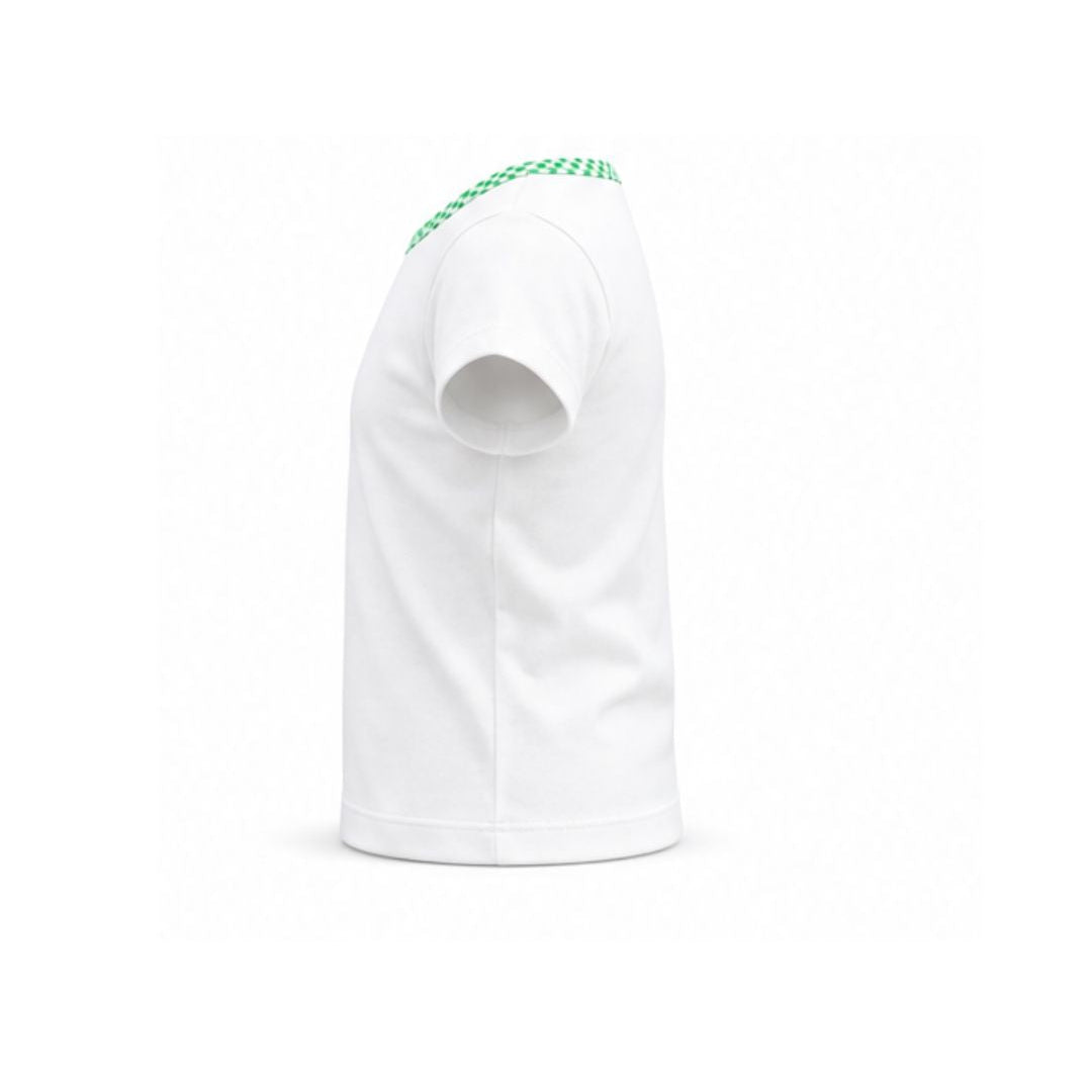 White t-shirt with green accents on a white background