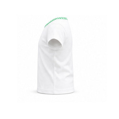 White t-shirt with green accents on a white background