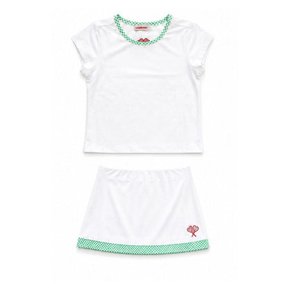 White tennis outfit with green accents on a white background