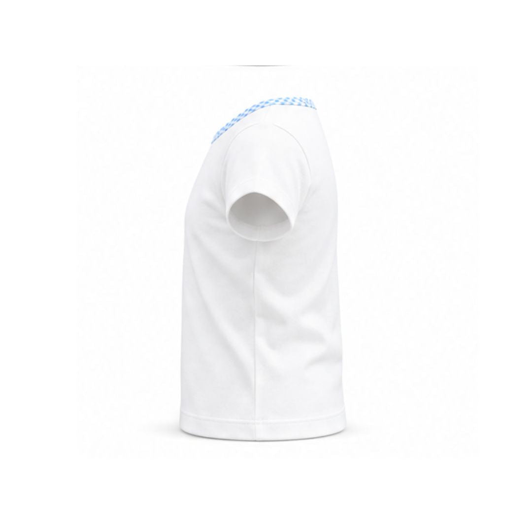 White t-shirt with blue accents on a white background